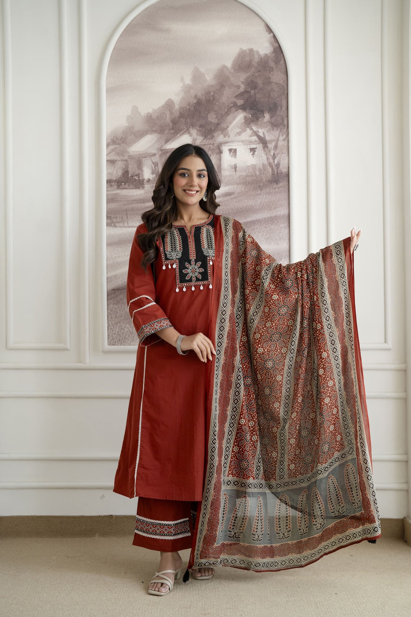 Women's Cotton Embroidered Kurta Palazzo Suit Set with Printed Dupatta | Attire Vogue