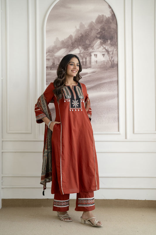 Women's Cotton Embroidered Kurta Palazzo Suit Set with Printed Dupatta | Attire Vogue