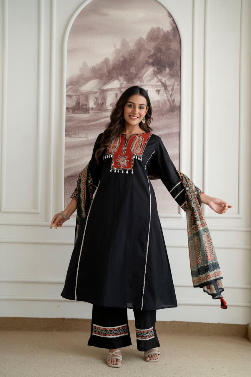 Women's Cotton Embroidered Kurta Palazzo Suit Set with Printed Dupatta | Attire Vogue