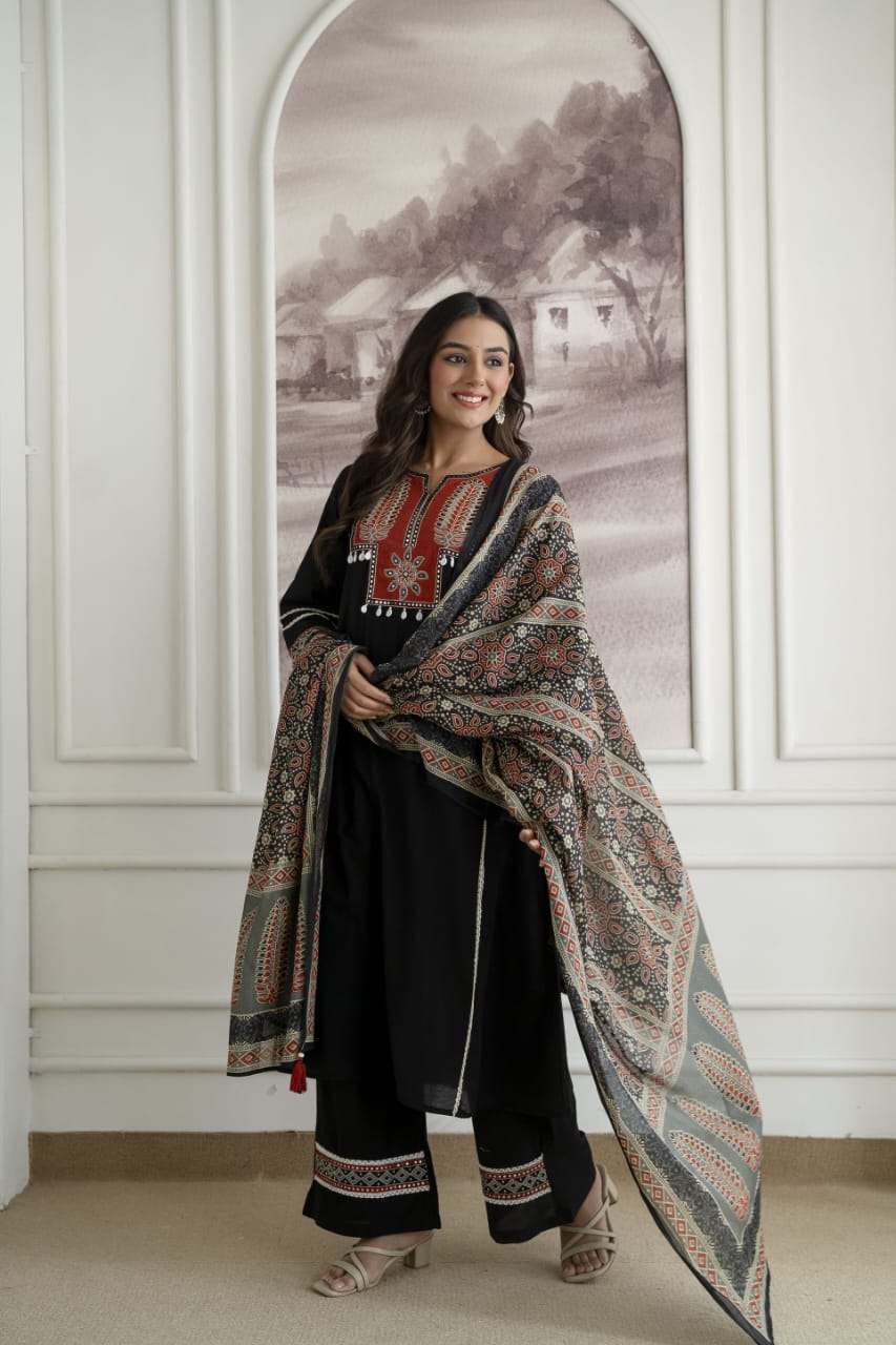 Women's Cotton Embroidered Kurta Palazzo Suit Set with Printed Dupatta | Attire Vogue