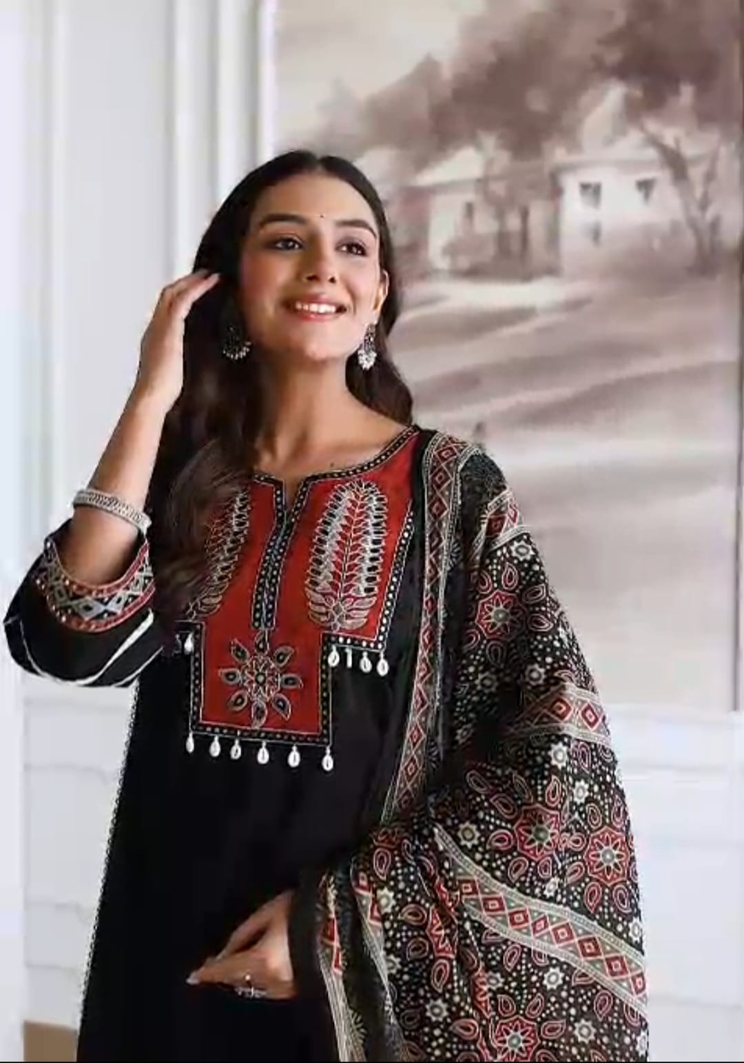 Women's Cotton Embroidered Kurta Palazzo Suit Set with Printed Dupatta | Attire Vogue