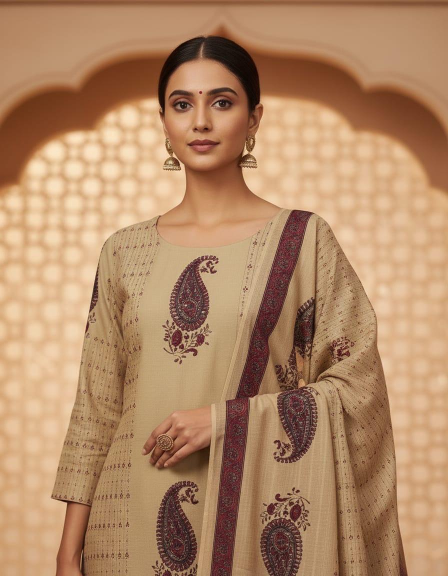 Beige Paisley Print Kurta Pant  Suit Set with Dupatta for Women | Festive & Casual Wear | Attire Vogue