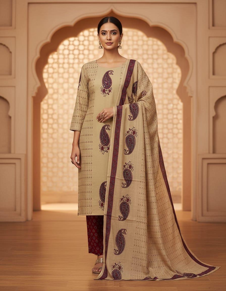Beige Paisley Print Kurta Pant  Suit Set with Dupatta for Women | Festive & Casual Wear | Attire Vogue
