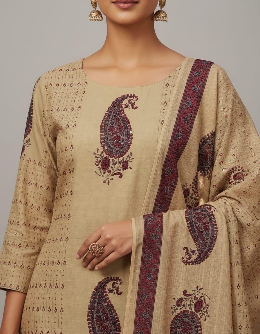 Beige Paisley Print Kurta Pant  Suit Set with Dupatta for Women | Festive & Casual Wear | Attire Vogue