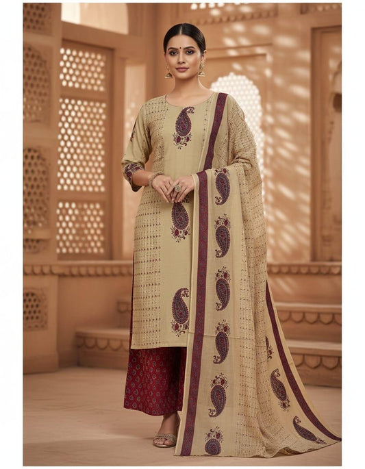 Beige Paisley Print Kurta Pant  Suit Set with Dupatta for Women | Festive & Casual Wear | Attire Vogue