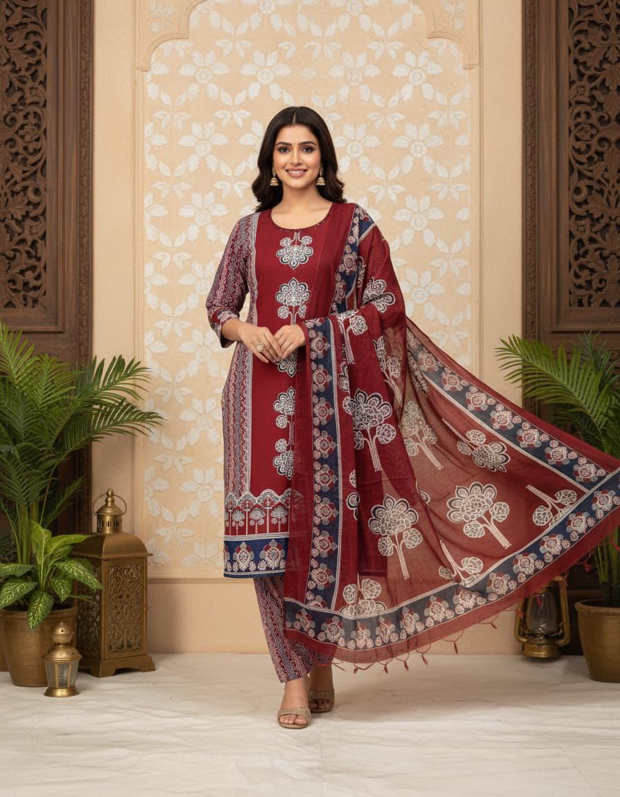 Maroon & Navy Blue Printed Kurti Suit Set with Dupatta for Women | Cotton Kurta Pant Set