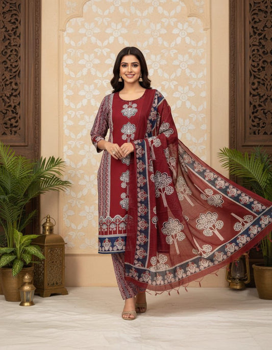 Maroon & Navy Blue Printed Kurti Suit Set with Dupatta for Women | Cotton Kurta Pant Set