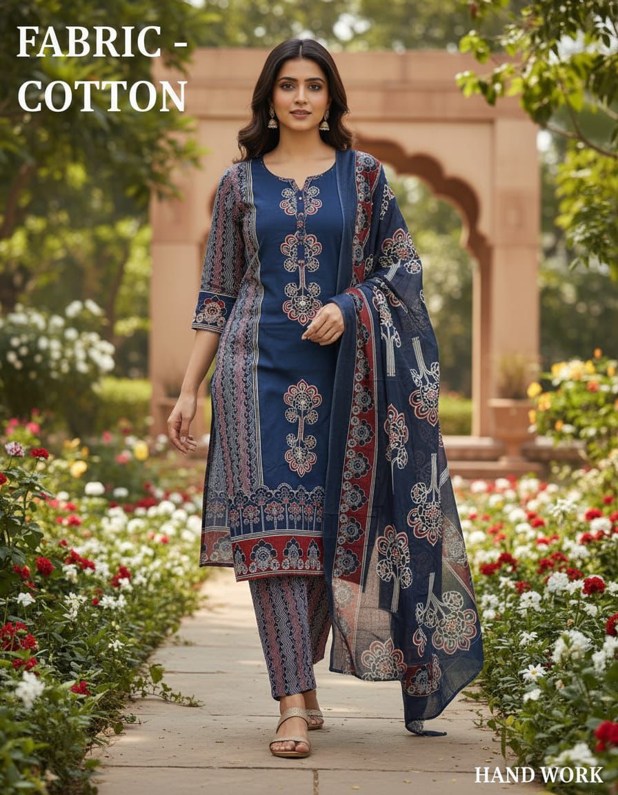 Maroon & Navy Blue Printed Kurti Suit Set with Dupatta for Women | Cotton Kurta Pant Set