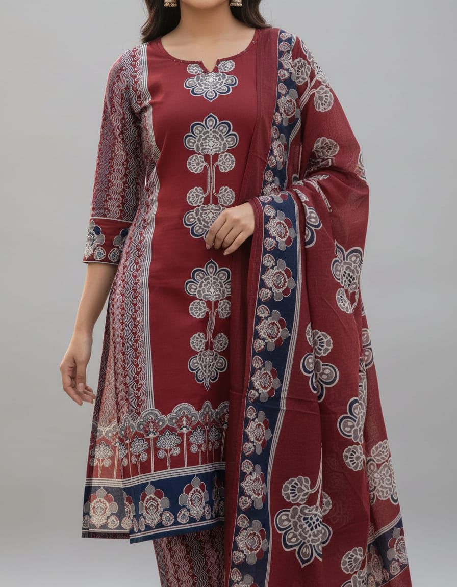 Maroon & Navy Blue Printed Kurti Suit Set with Dupatta for Women | Cotton Kurta Pant Set