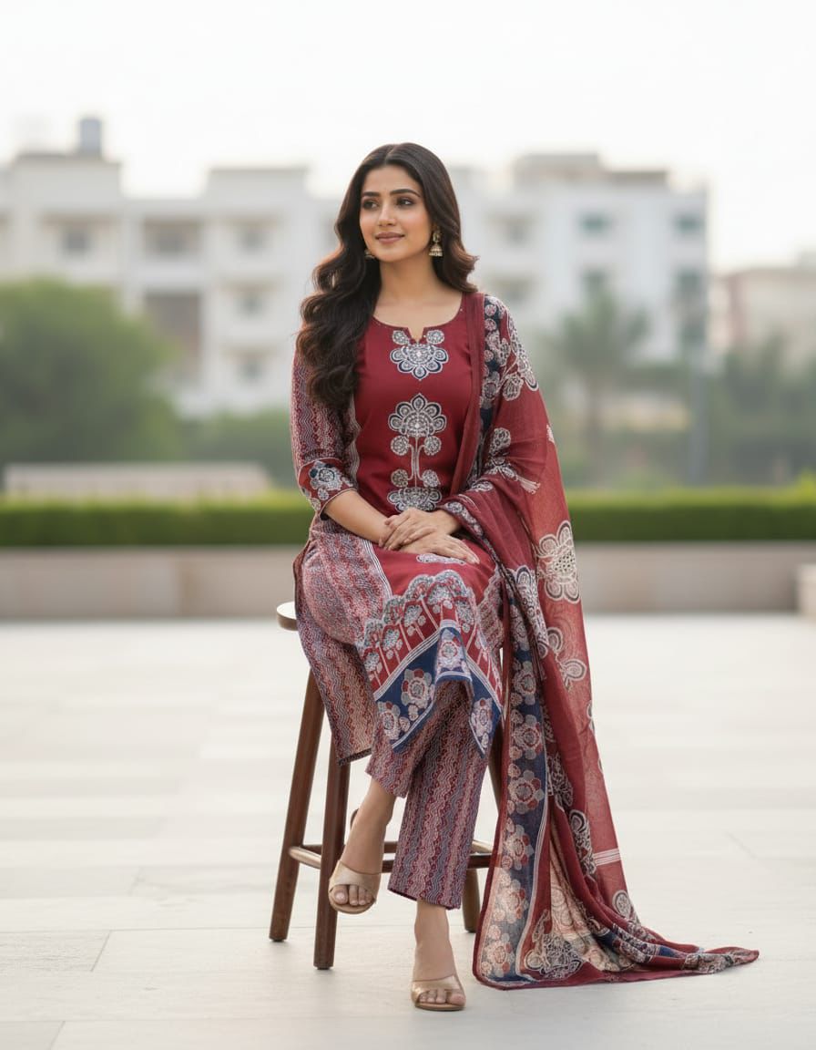 Maroon & Navy Blue Printed Kurti Suit Set with Dupatta for Women | Cotton Kurta Pant Set