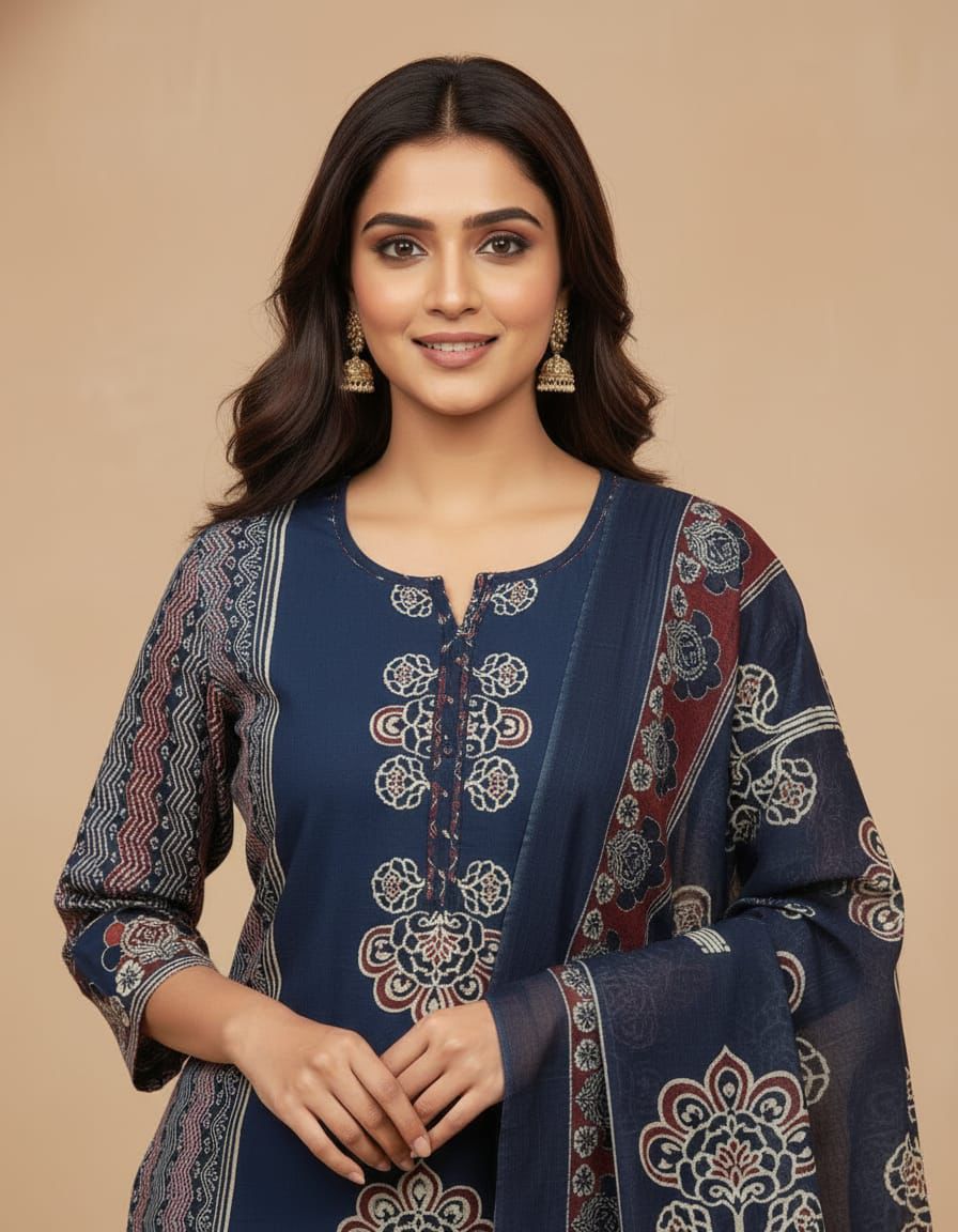 Maroon & Navy Blue Printed Kurti Suit Set with Dupatta for Women | Cotton Kurta Pant Set