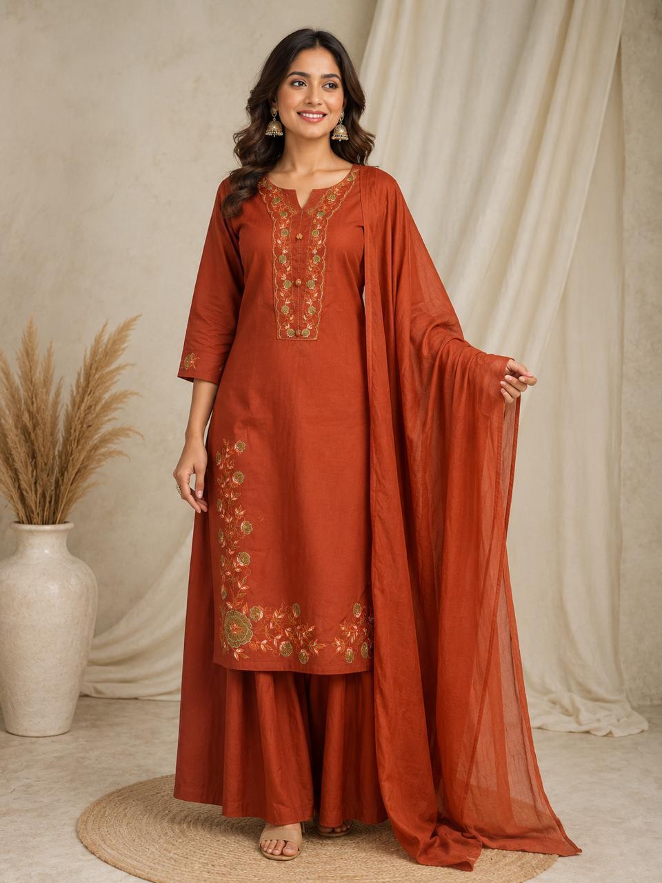 Rust Orange & Mustard Yellow Embroidered Kurta Set for Women with Dupatta & Palazzo – Ethnic Party Wear