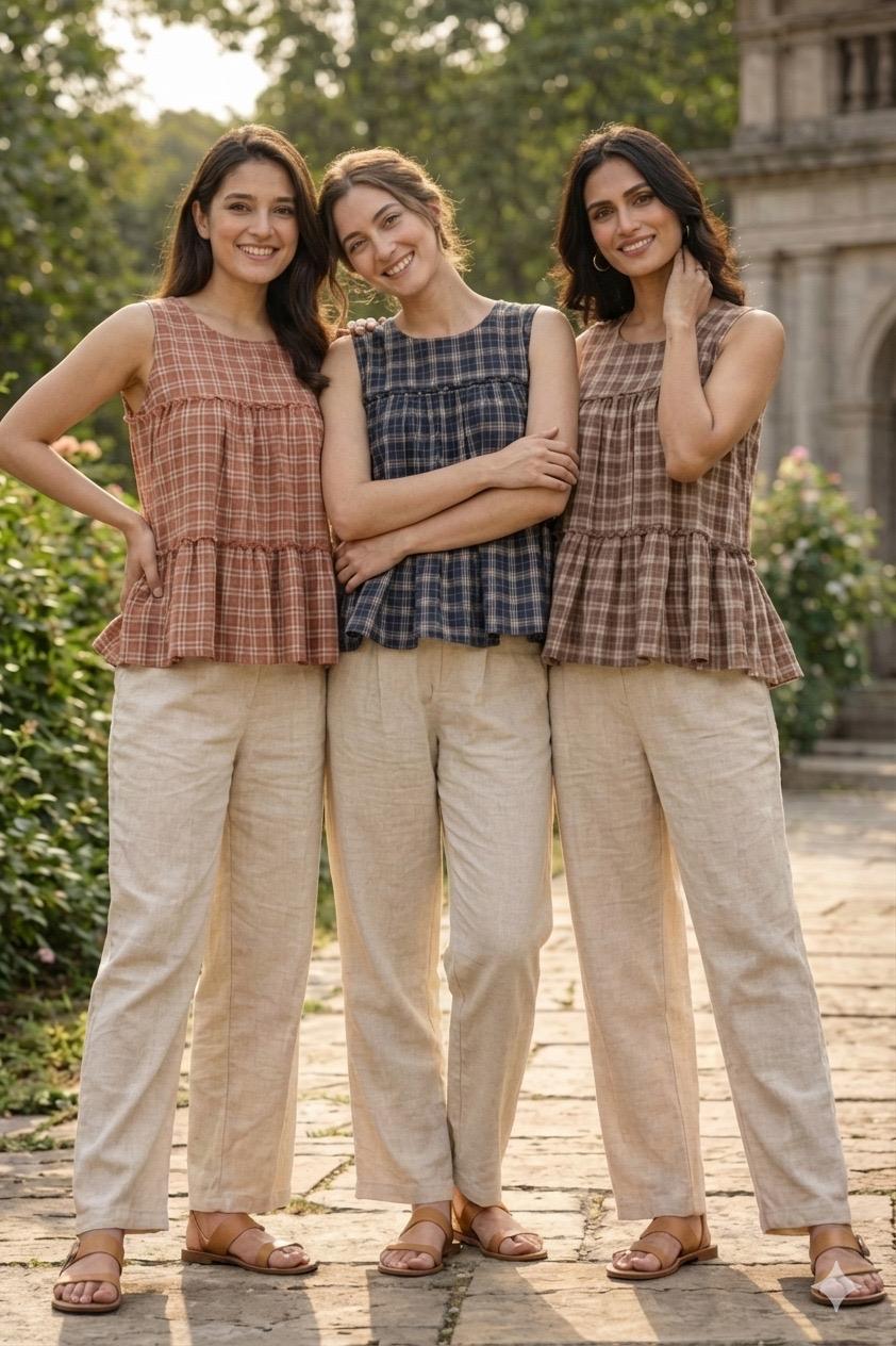Women's Brown Checked Peplum Top with Beige Cotton Pants Co-Ord Set | Casual Summer Wea