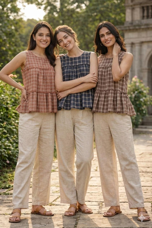 Women's Brown Checked Peplum Top with Beige Cotton Pants Co-Ord Set | Casual Summer Wea