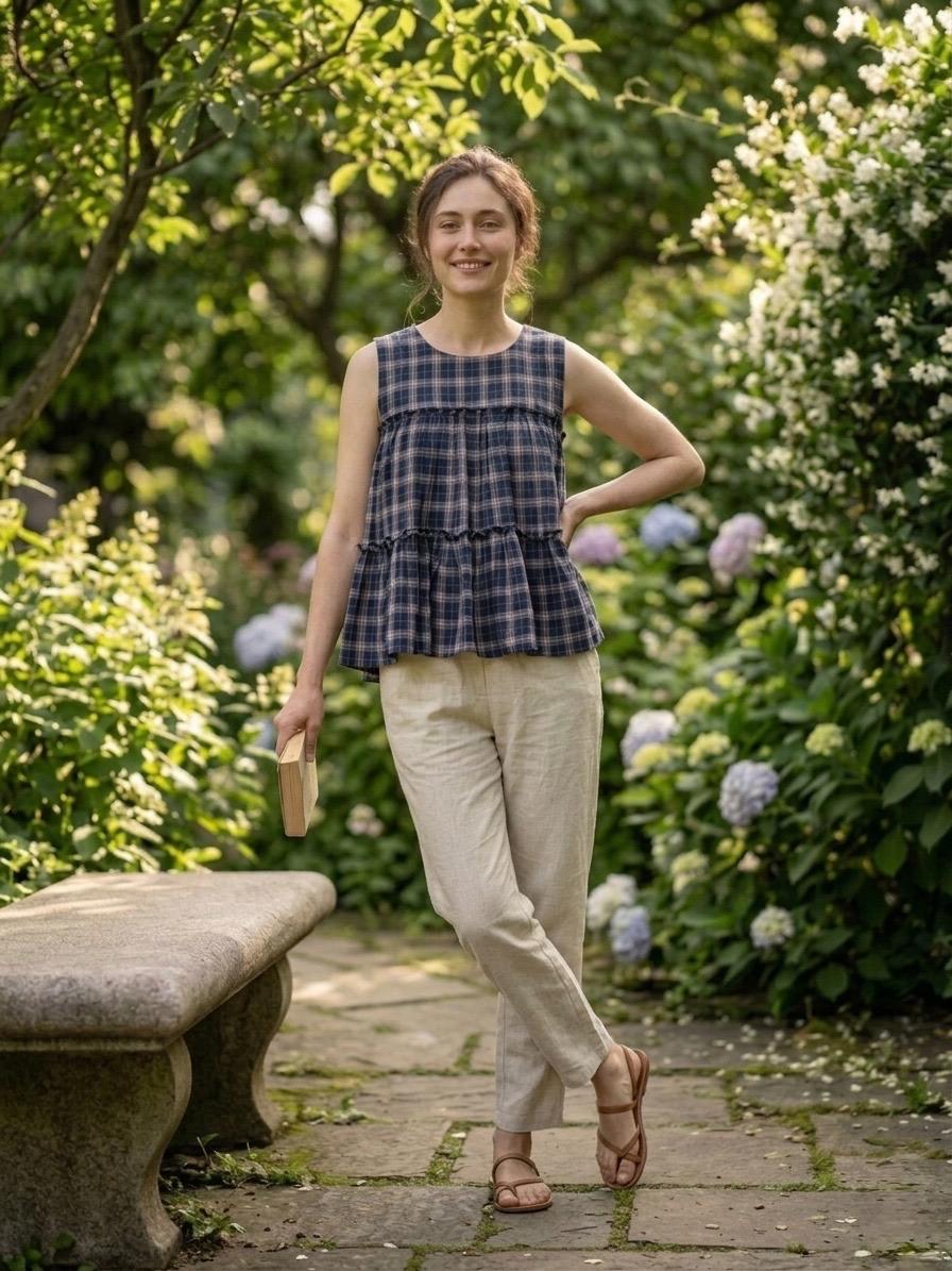 Women's Brown Checked Peplum Top with Beige Cotton Pants Co-Ord Set | Casual Summer Wea