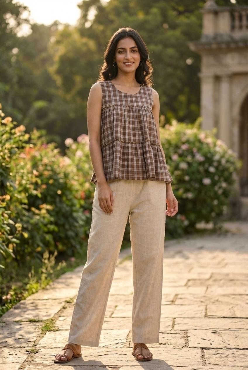 Women's Brown Checked Peplum Top with Beige Cotton Pants Co-Ord Set | Casual Summer Wea