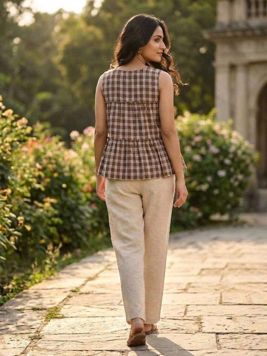 Women's Brown Checked Peplum Top with Beige Cotton Pants Co-Ord Set | Casual Summer Wea