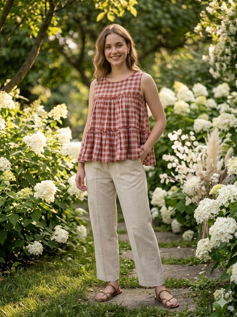Women's Brown Checked Peplum Top with Beige Cotton Pants Co-Ord Set | Casual Summer Wea