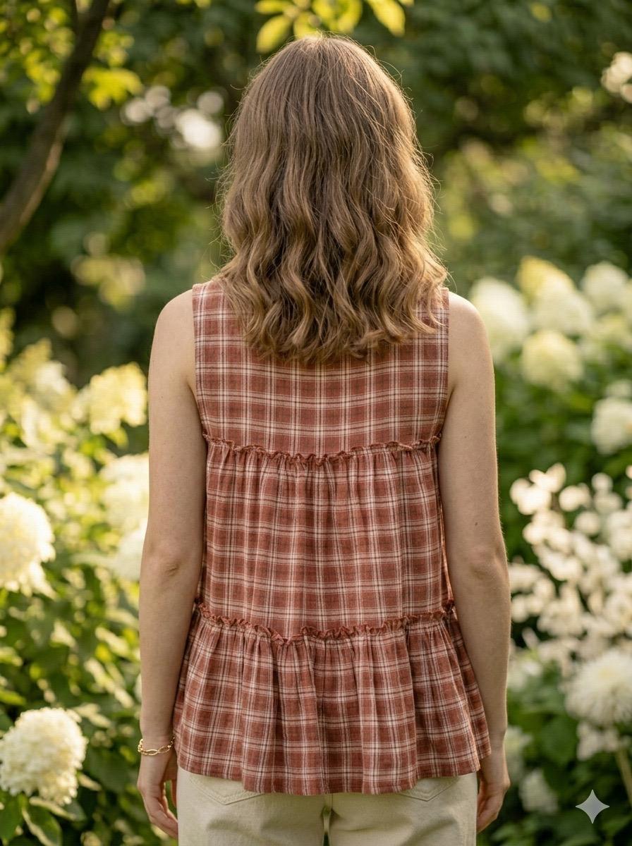 Women's Brown Checked Peplum Top with Beige Cotton Pants Co-Ord Set | Casual Summer Wea