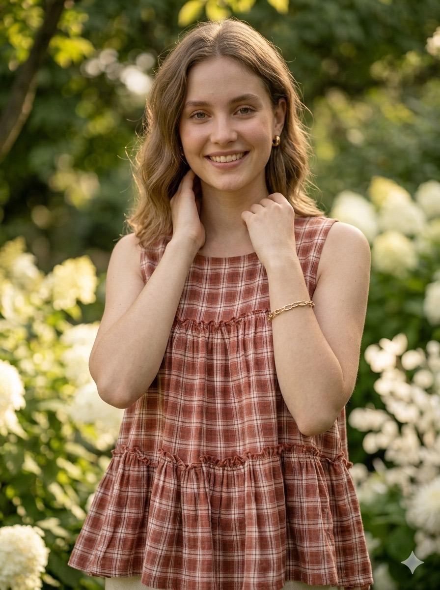 Women's Brown Checked Peplum Top with Beige Cotton Pants Co-Ord Set | Casual Summer Wea