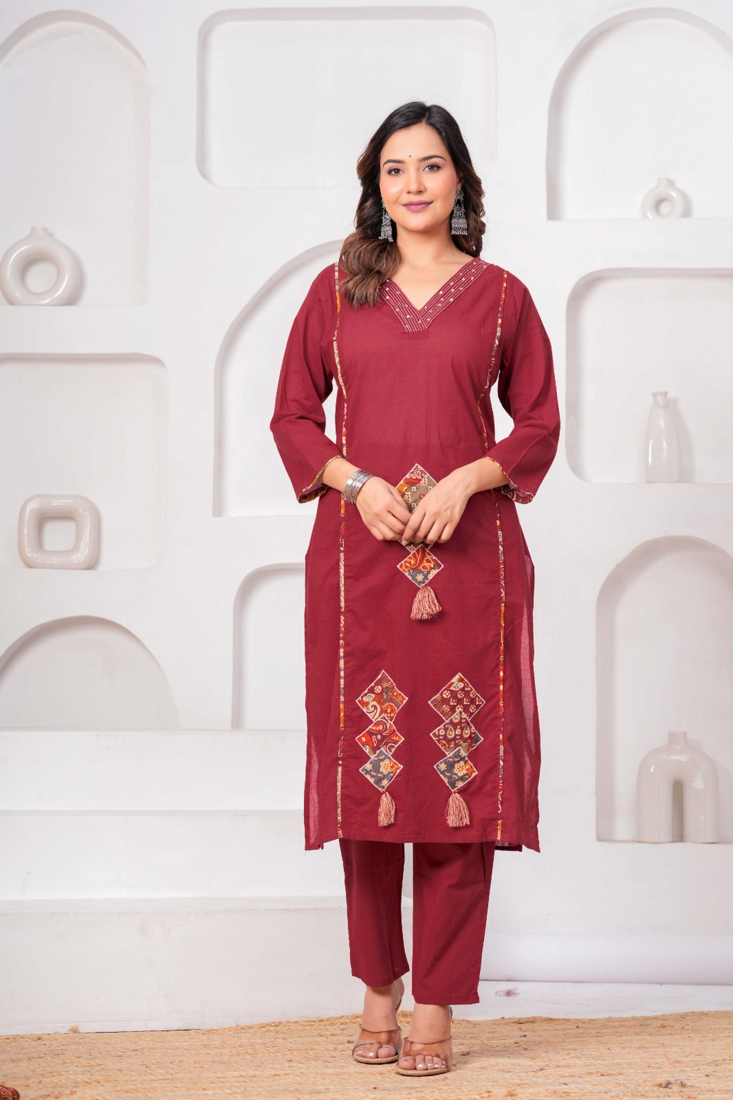 Maroon Printed Kurta Pant Set with Designer Dupatta for Women-Attire Vogue