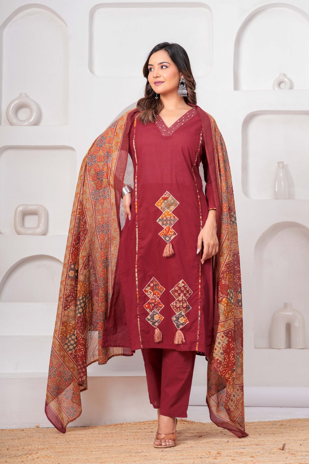 Maroon Printed Kurta Pant Set with Designer Dupatta for Women-Attire Vogue
