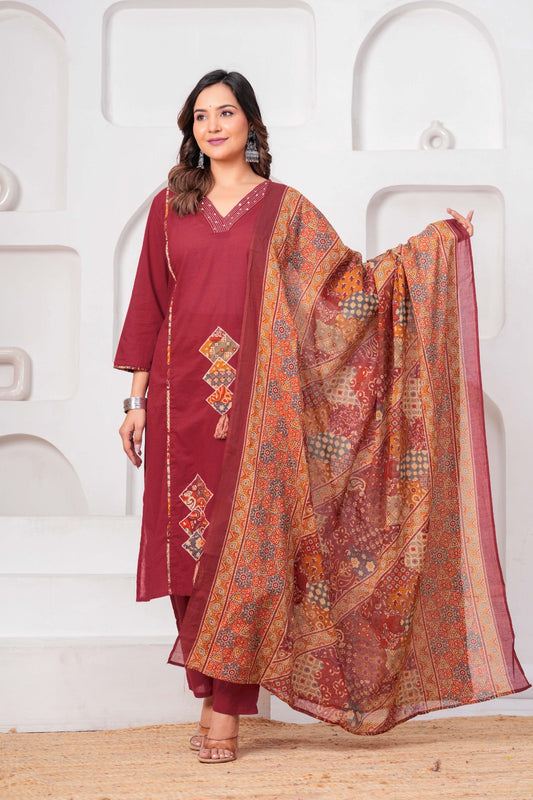 Maroon Printed Kurta Pant Set with Designer Dupatta for Women-Attire Vogue