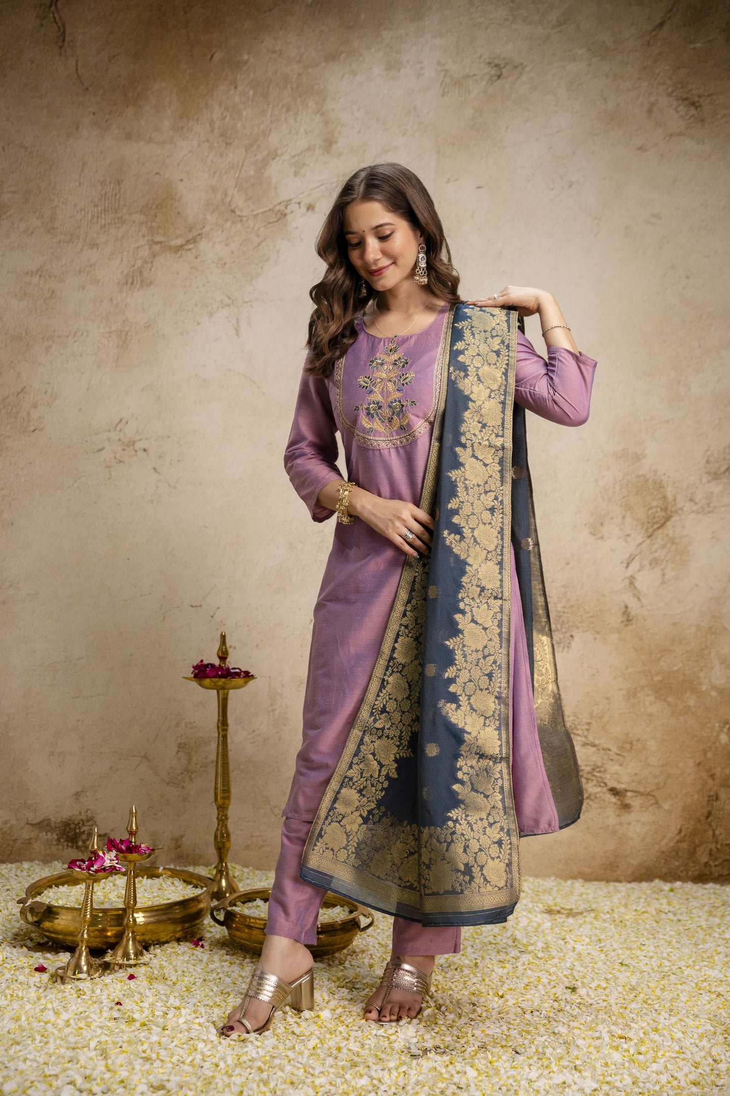 Women's Lavender & Mustard Yellow Embroidered Vetican Kurta Pant Set with Banarasi Dupatta | Festive Ethnic Wear