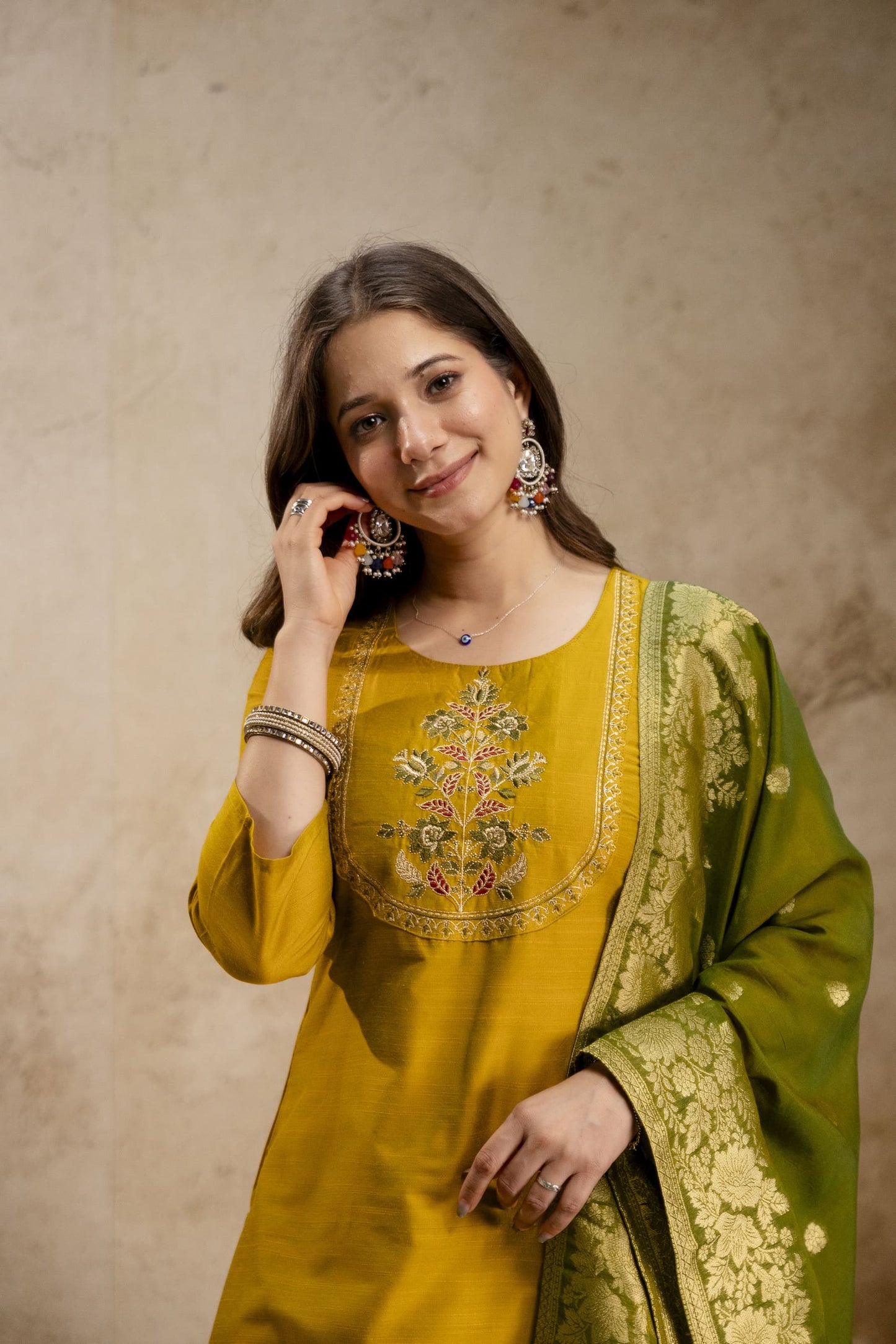 Women's Lavender & Mustard Yellow Embroidered Vetican Kurta Pant Set with Banarasi Dupatta | Festive Ethnic Wear