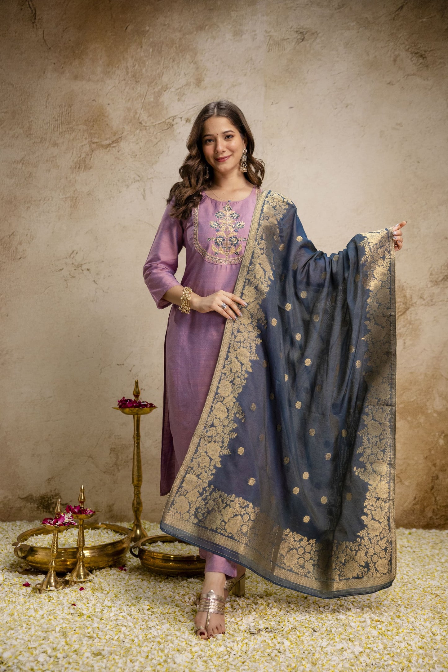 Women's Lavender & Mustard Yellow Embroidered Vetican Kurta Pant Set with Banarasi Dupatta | Festive Ethnic Wear