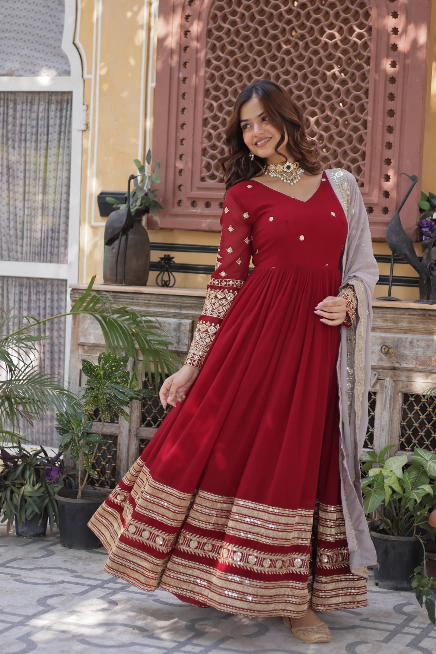 Women's Maroon Embroidered Anarkali Gown Set with Dupatta | Festive & Party Wear | Attire Vogue
