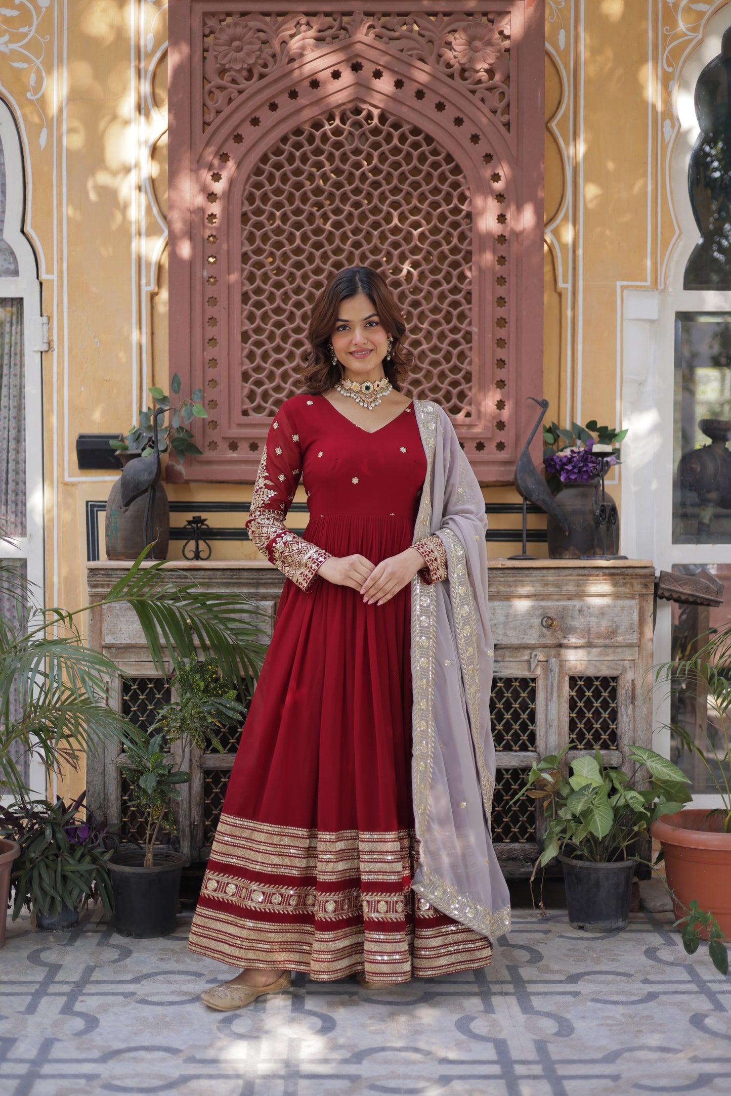 Women's Maroon Embroidered Anarkali Gown Set with Dupatta | Festive & Party Wear | Attire Vogue