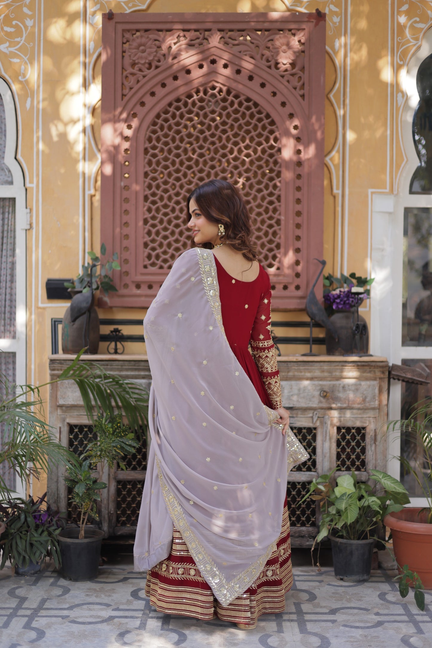 Women's Maroon Embroidered Anarkali Gown Set with Dupatta | Festive & Party Wear | Attire Vogue