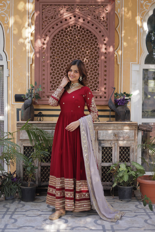 Women's Maroon Embroidered Anarkali Gown Set with Dupatta | Festive & Party Wear | Attire Vogue