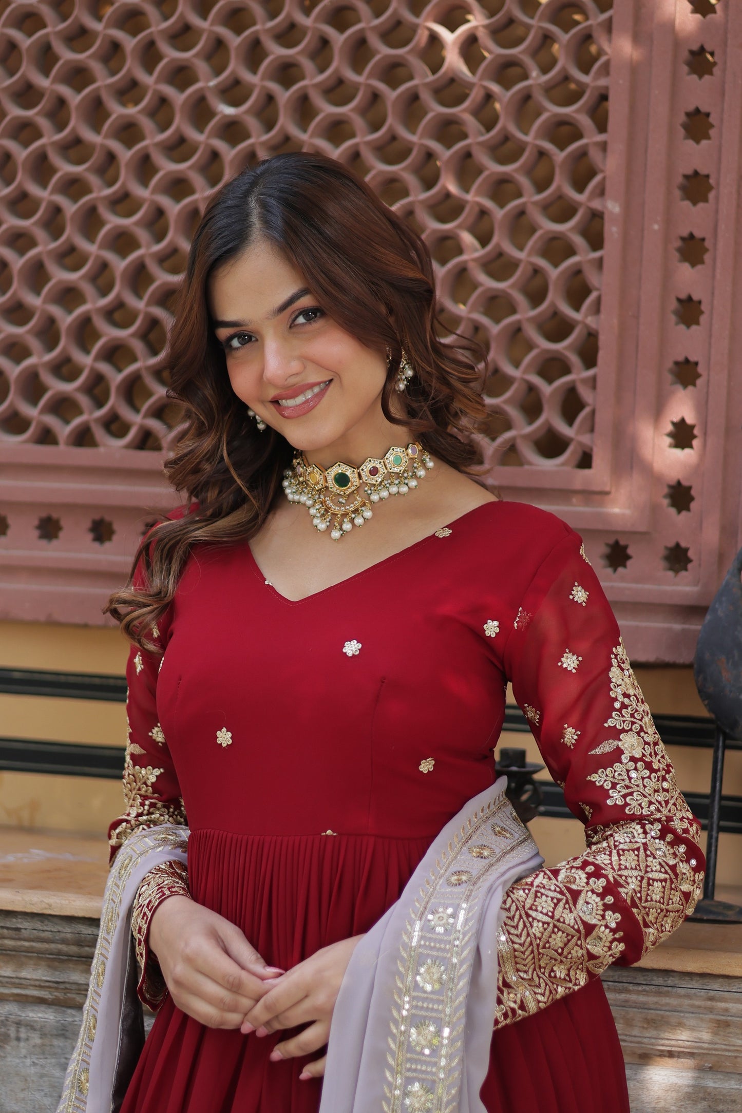 Women's Maroon Embroidered Anarkali Gown Set with Dupatta | Festive & Party Wear | Attire Vogue