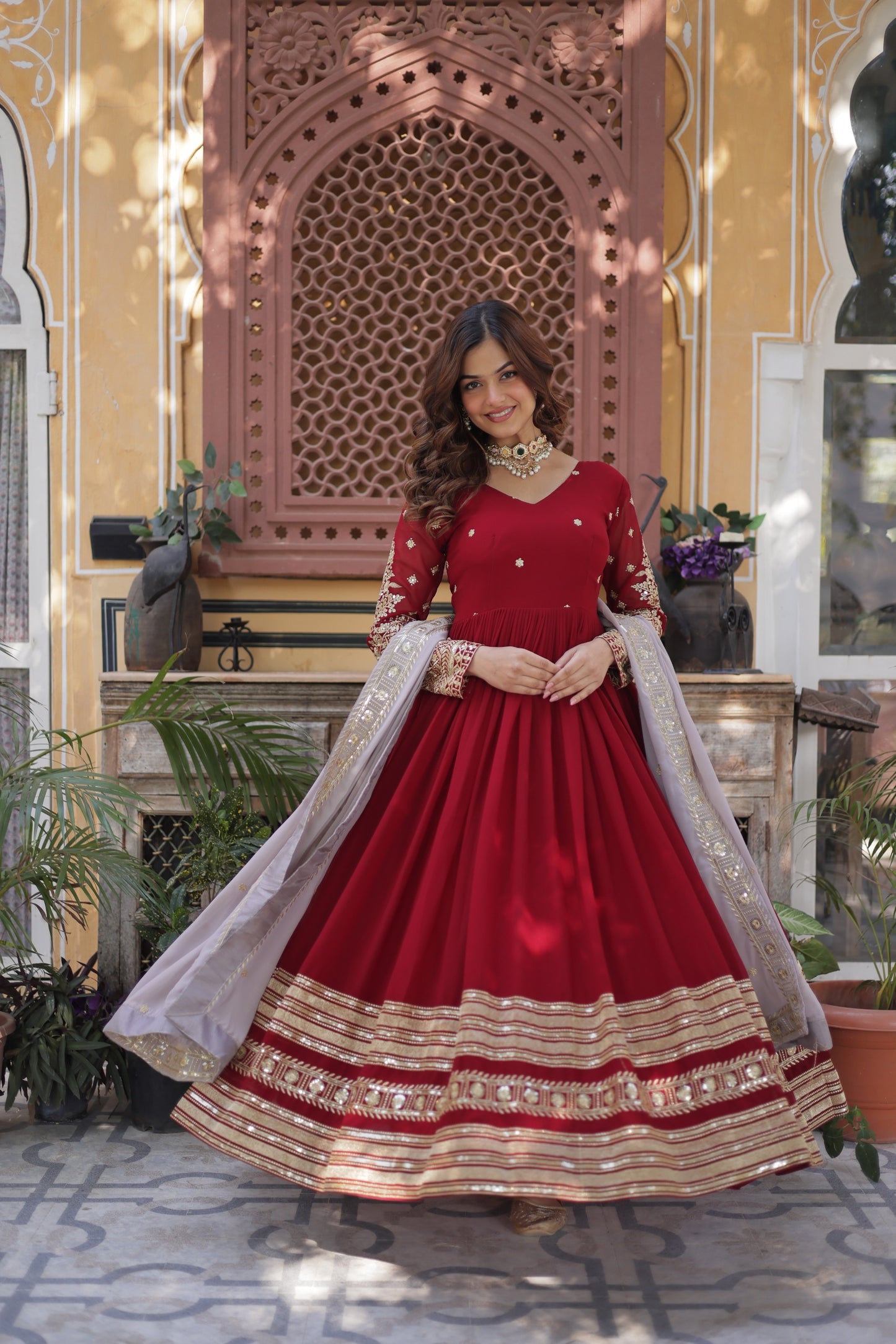Women's Maroon Embroidered Anarkali Gown Set with Dupatta | Festive & Party Wear | Attire Vogue