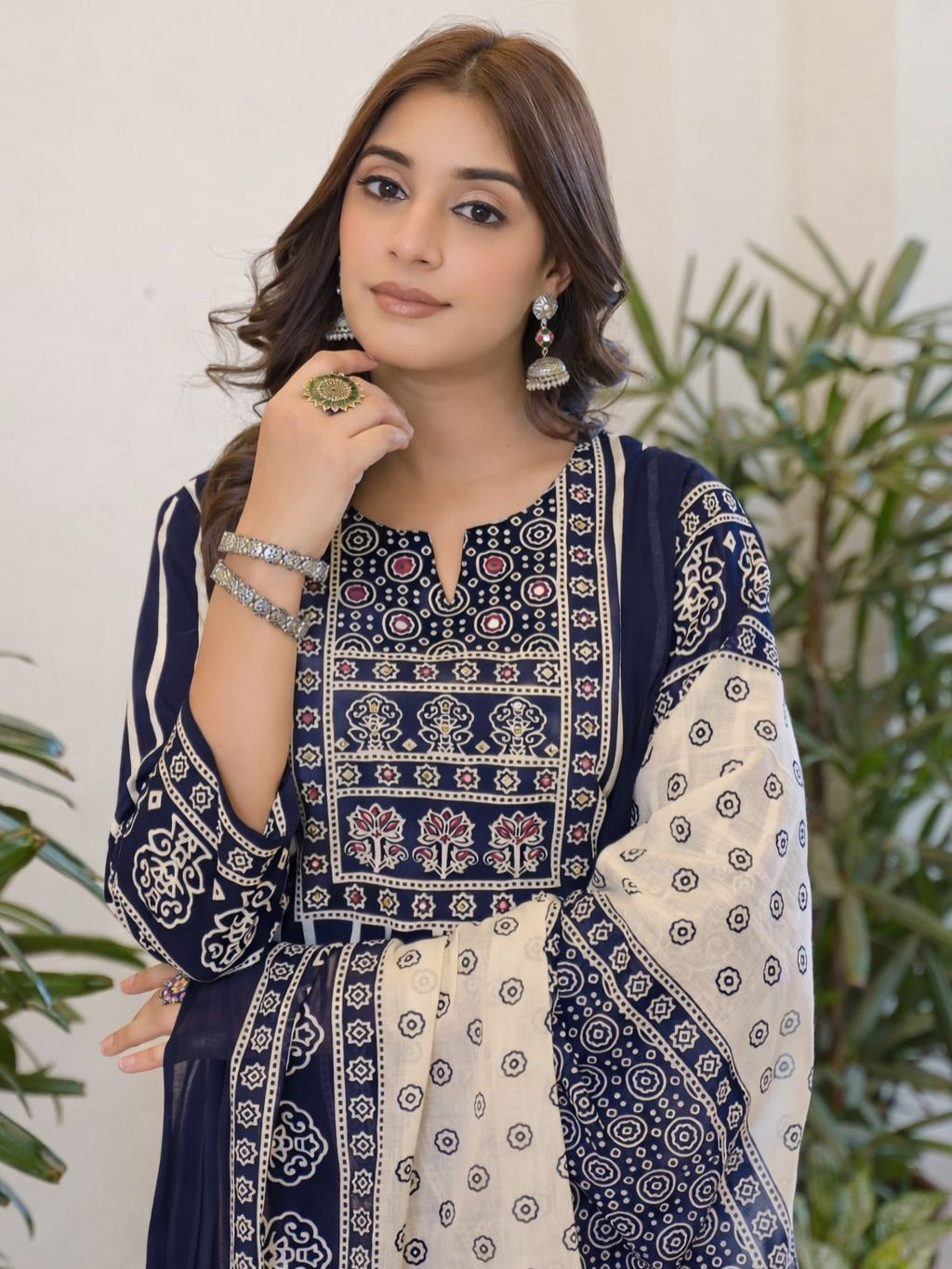 Maroon & Navy Blue Striped Printed Kurti Pant Dupatta Set for Women | Ethnic Cotton Kurta Set with 3/4 Sleeves