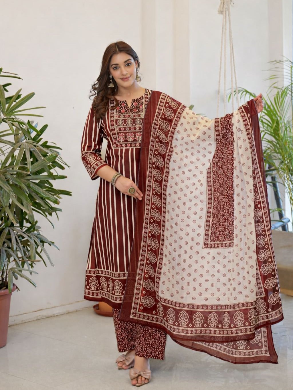 Maroon & Navy Blue Striped Printed Kurti Pant Dupatta Set for Women | Ethnic Cotton Kurta Set with 3/4 Sleeves