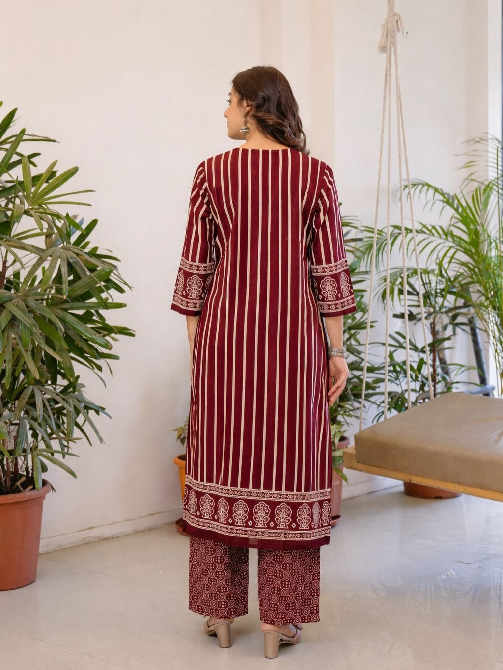 Maroon & Navy Blue Striped Printed Kurti Pant Dupatta Set for Women | Ethnic Cotton Kurta Set with 3/4 Sleeves