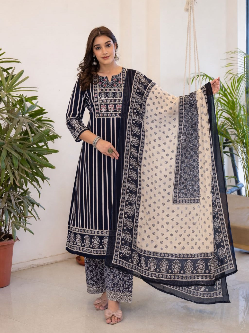 Maroon & Navy Blue Striped Printed Kurti Pant Dupatta Set for Women | Ethnic Cotton Kurta Set with 3/4 Sleeves