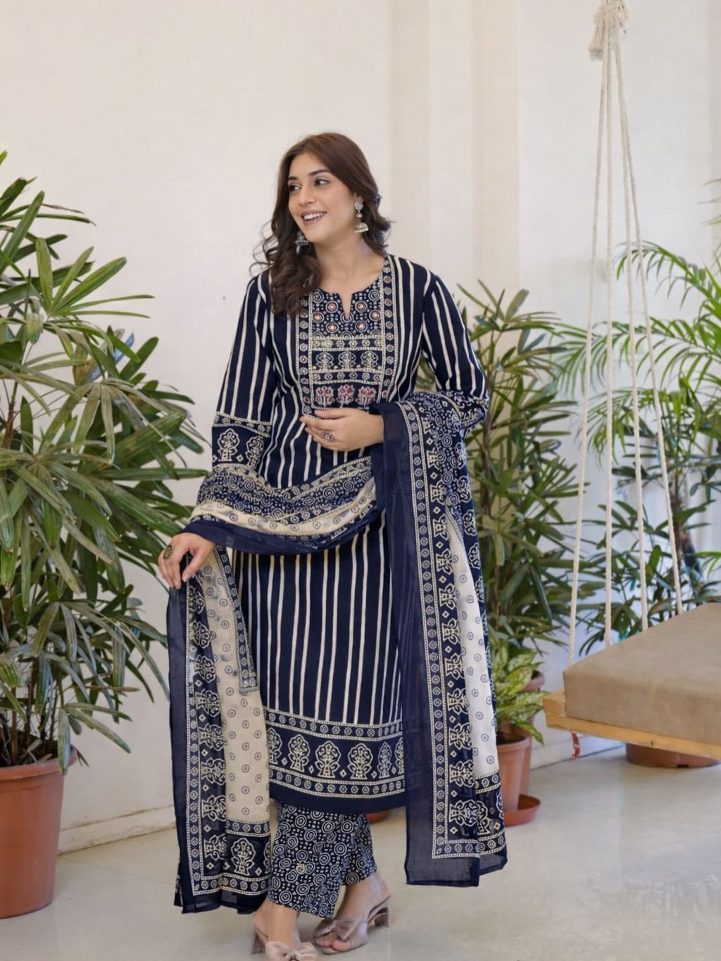 Maroon & Navy Blue Striped Printed Kurti Pant Dupatta Set for Women | Ethnic Cotton Kurta Set with 3/4 Sleeves
