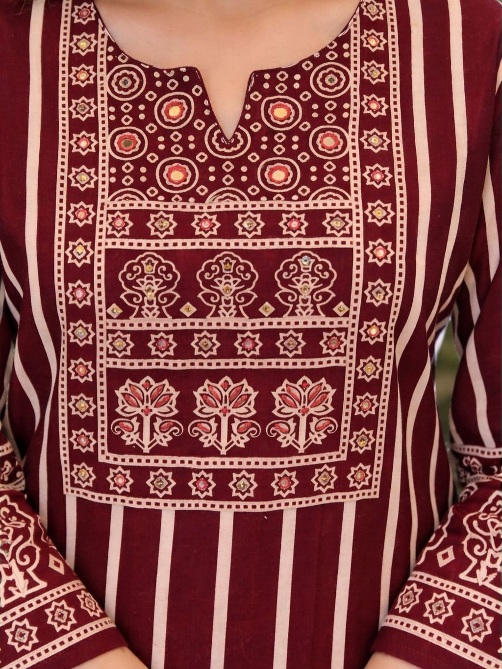 Maroon & Navy Blue Striped Printed Kurti Pant Dupatta Set for Women | Ethnic Cotton Kurta Set with 3/4 Sleeves