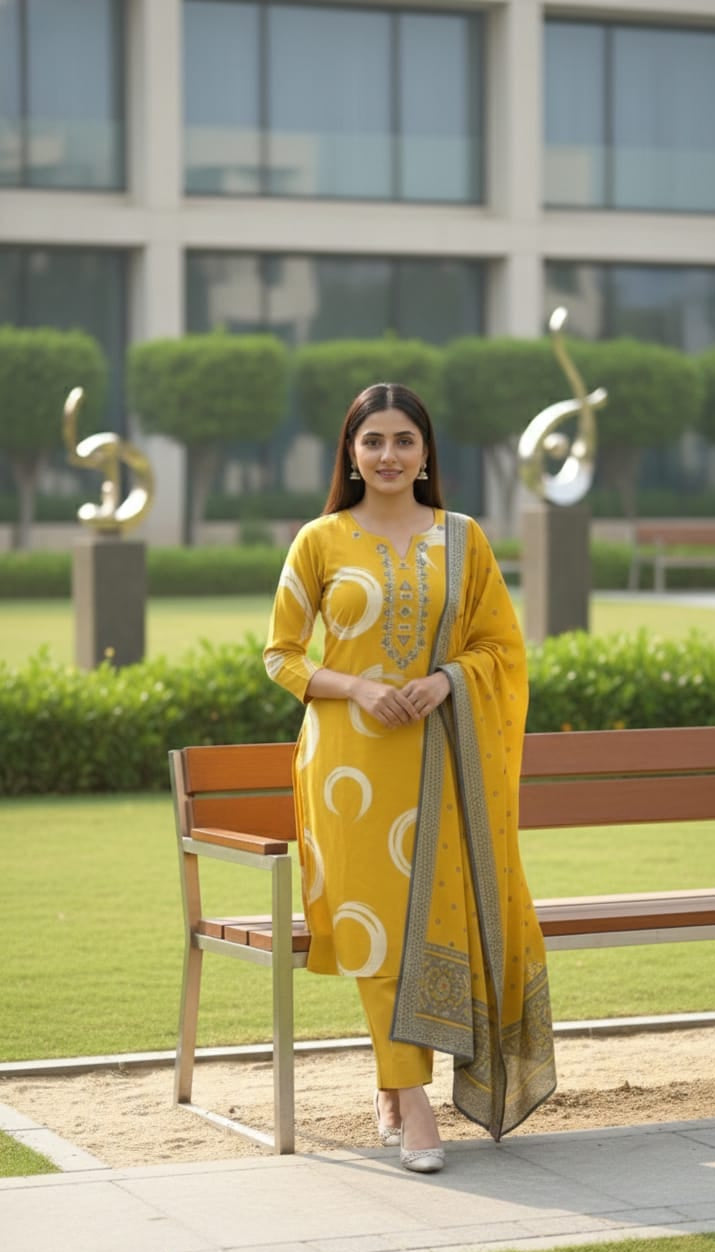 Mustard Yellow & Red Maroon Printed Kurta Pant Dupatta Set for Women | Elegant Ethnic Wear | Festive & Casual Kurti Set
