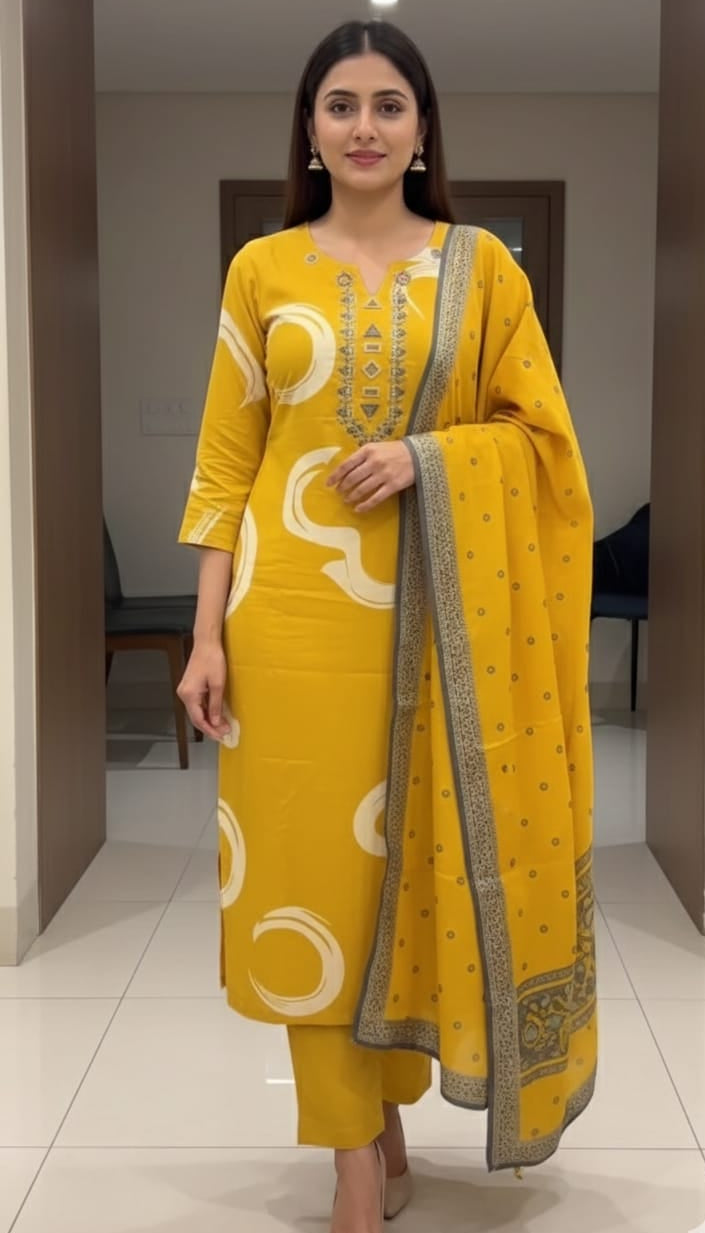Mustard Yellow & Red Maroon Printed Kurta Pant Dupatta Set for Women | Elegant Ethnic Wear | Festive & Casual Kurti Set