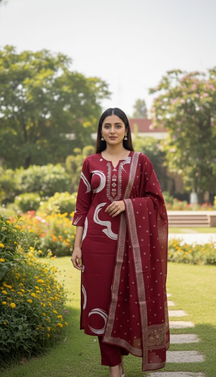 Mustard Yellow & Red Maroon Printed Kurta Pant Dupatta Set for Women | Elegant Ethnic Wear | Festive & Casual Kurti Set
