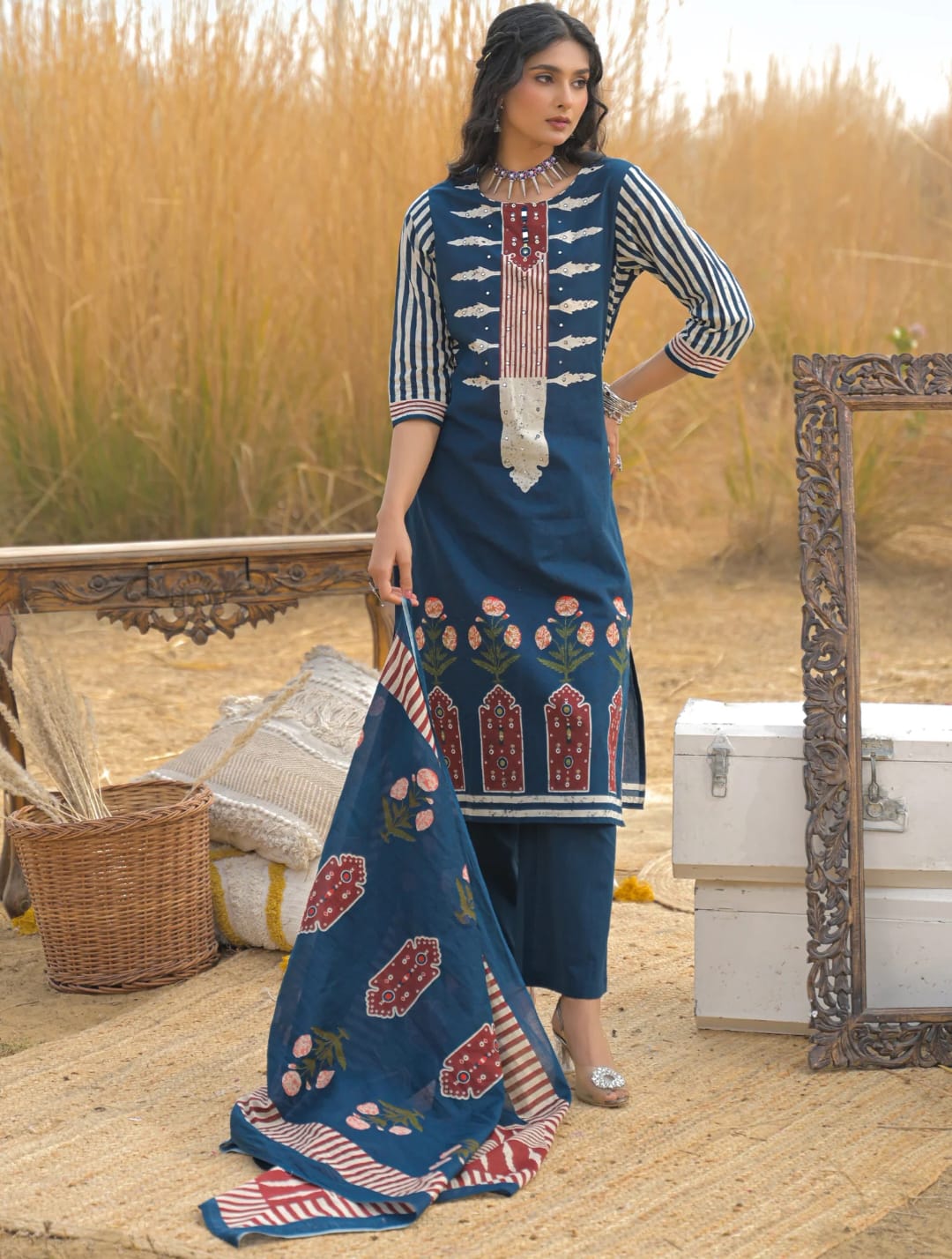 Women's Navy Blue & Red Maroon Printed Kurti Set with Dupatta | Ethnic Cotton Kurta Pant Set for Women | Stylish Casual & Festive Wear