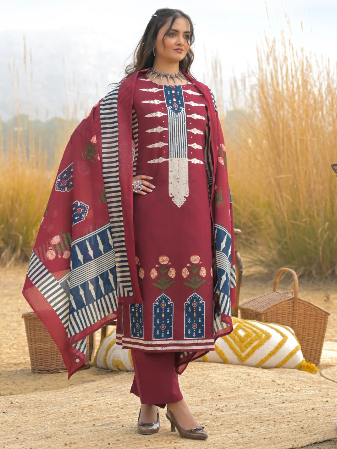 Women's Navy Blue & Red Maroon Printed Kurti Set with Dupatta | Ethnic Cotton Kurta Pant Set for Women | Stylish Casual & Festive Wear