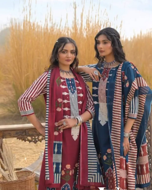 Women's Navy Blue & Red Maroon Printed Kurti Set with Dupatta | Ethnic Cotton Kurta Pant Set for Women | Stylish Casual & Festive Wear