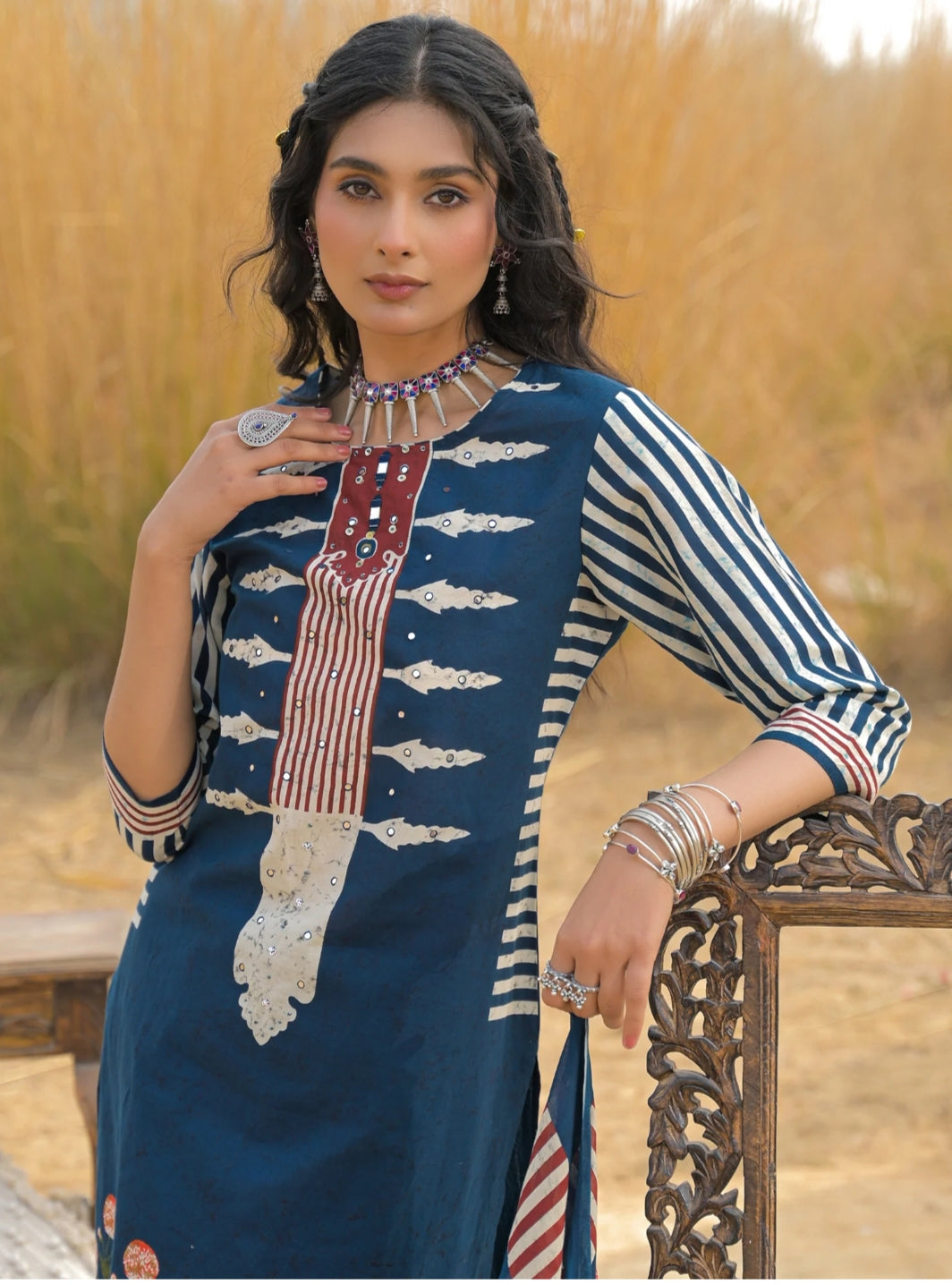 Women's Navy Blue & Red Maroon Printed Kurti Set with Dupatta | Ethnic Cotton Kurta Pant Set for Women | Stylish Casual & Festive Wear