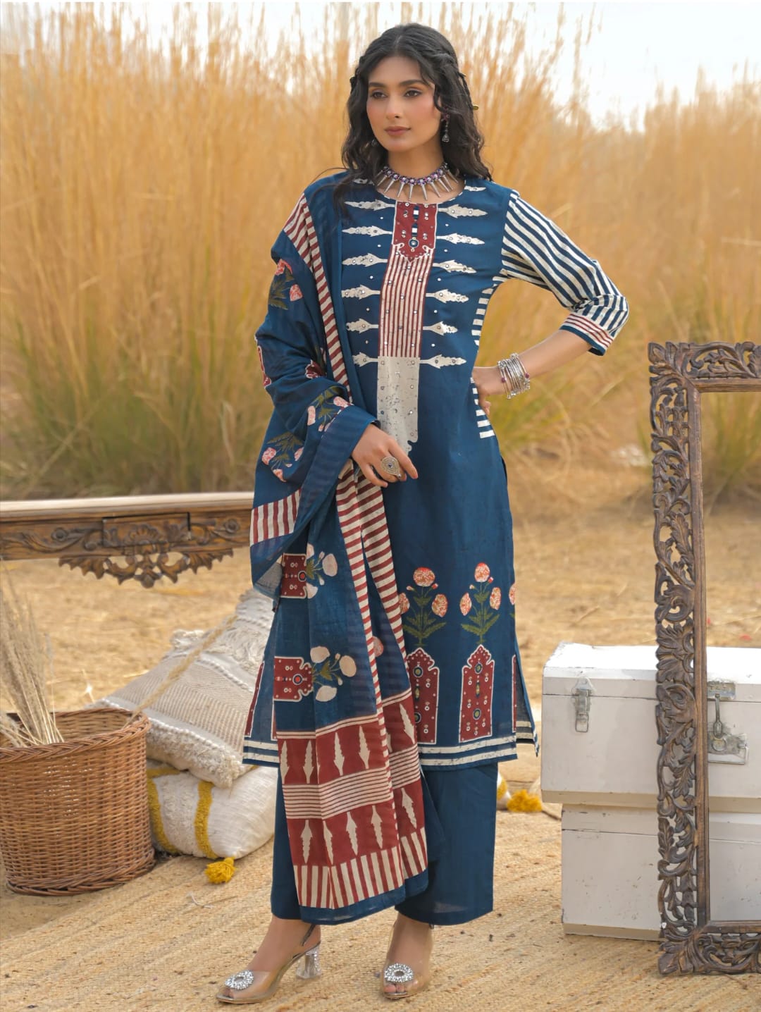 Women's Navy Blue & Red Maroon Printed Kurti Set with Dupatta | Ethnic Cotton Kurta Pant Set for Women | Stylish Casual & Festive Wear